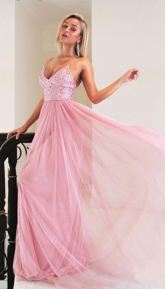 Pink Long Princess Straps Prom Dress,Graduation Dress,Formal Evening Dress IN954