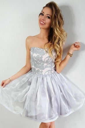A-Line Strapless Gray Short Organza Homecoming Party Dress with Lace Appliques INE6