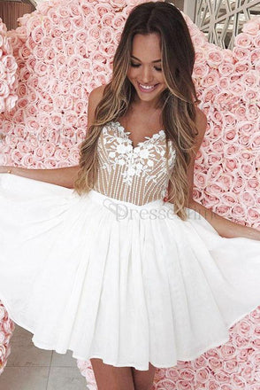 A-Line Spaghetti Straps White Homecoming Dress with Lace Appliques INM5