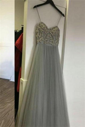 Elegant Long Spaghetti Straps Beading Tulle Gray Prom Dresses Evening Dresses INF3