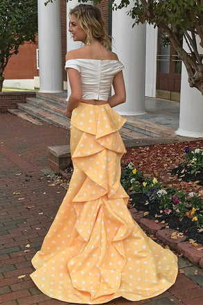 Charming 2 Pieces Off The Shoulder Yellow Long  Mermaid Prom Dresses INH2