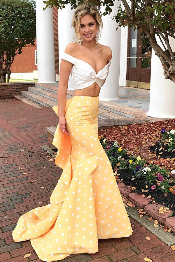 Charming 2 Pieces Off The Shoulder Yellow Long  Mermaid Prom Dresses INH2