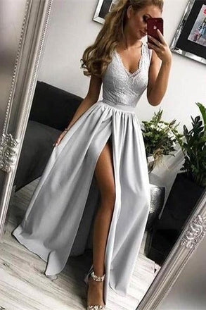 Cheap Silver Long V-neck Lace Satin Prom Dresses For Teens Split Party Dresses INI57