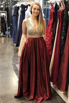Burgundy A-line Beaded Prom Dresses V-neck Formal Dresses With Pockets INKK49