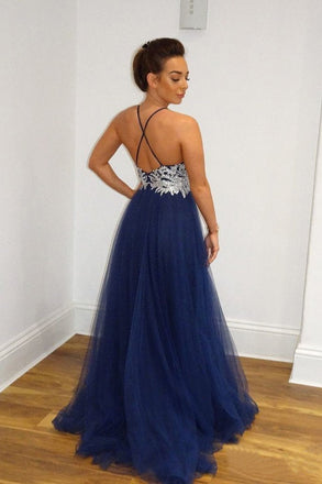 A Line Navy Blue Tulle Prom Dresses Spaghetti Straps Long Prom Gowns INS10