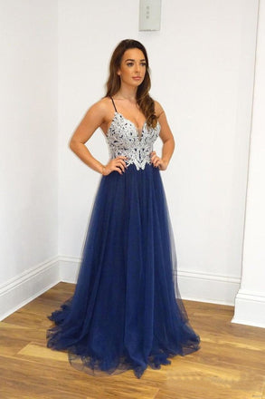 A Line Navy Blue Tulle Prom Dresses Spaghetti Straps Long Prom Gowns INS10