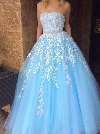 Cheap A-line  Sky Blue Lace Appliqued Tulle Long Strapless Prom Dresses INI24
