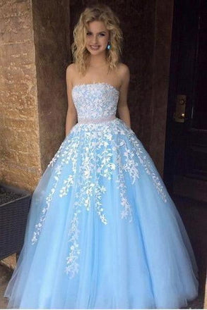 Cheap A-line  Sky Blue Lace Appliqued Tulle Long Strapless Prom Dresses INI24