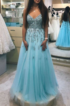 A-line V-neck Beaded Prom Dresses Lace Blue Prom Gowns INO95