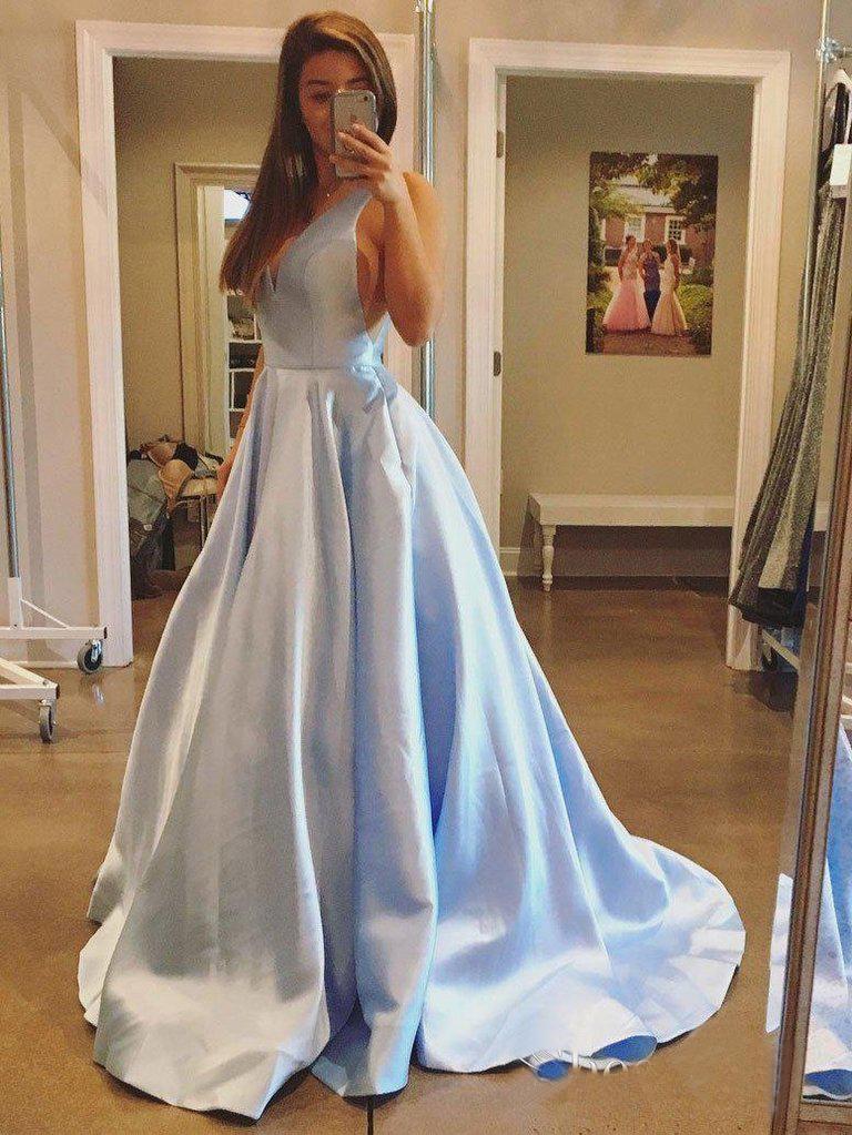 Simple A-line V-neck Satin Long Cheap Red Prom Dresses with Pocket INN85