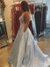 Simple A-line V-neck Satin Long Cheap Red Prom Dresses with Pocket INN85