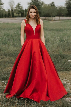 Simple A-line V-neck Satin Long Cheap Red Prom Dresses with Pocket INN85