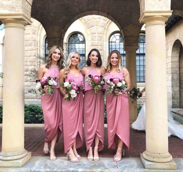Modest Pink High Low Long Bridesmaid Dress with Ruffles ING62