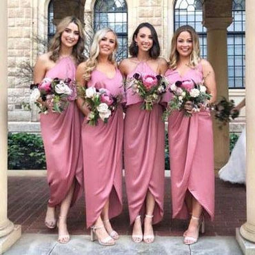 Modest Pink High Low Long Bridesmaid Dress with Ruffles ING62