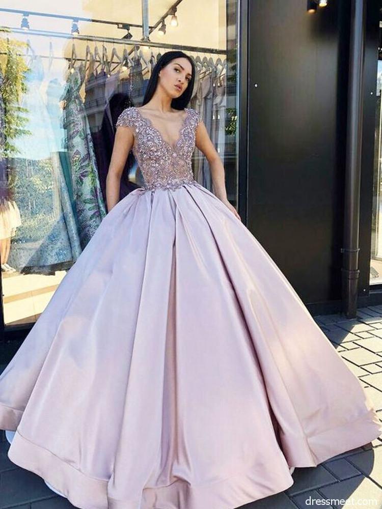 Charming Ball Gown V Neck Lavender Long Prom Dresses with Beading INF62