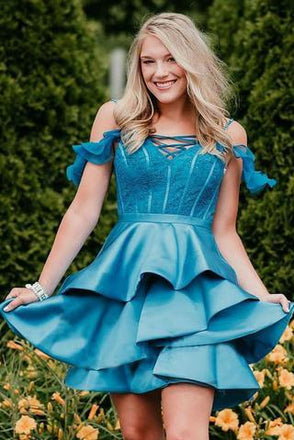 A Line Off the Shoulder Satin Tired Mini Homecoming Dresses,Short Prom Dresses INM31