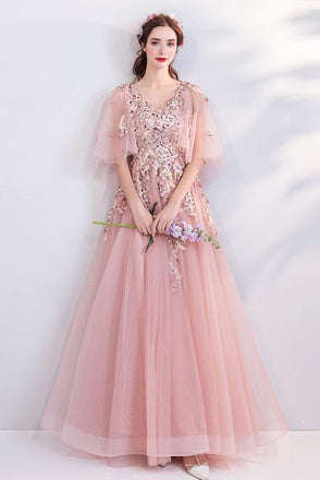 Princess A Line Pink Long Tulle Appliques V Neck Prom Dresses ING68
