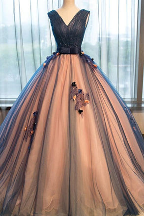 Pretty tulle v-neck applique A-line long evening dresses ,ball gown prom dress IN195