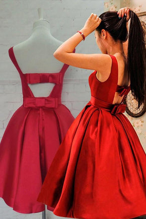 Simple Hot-selling Bateau Satin Short Red Homecoming Dress with Bowknot IN337