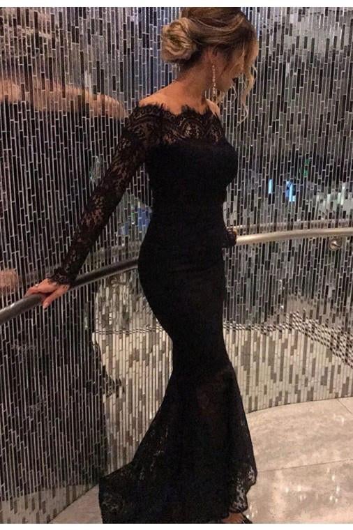 Mermaid Black Elegant Off the Shoulder Long Lace Long Sleeves Sexy Prom Dress IN141