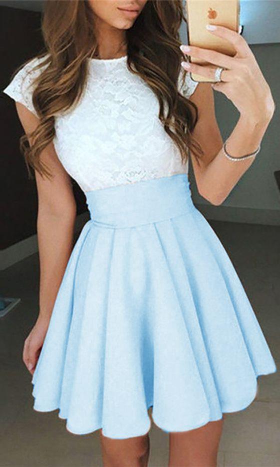 A-Line Jewel Cap Sleeves Pearl Pink Short Chiffon Homecoming/Prom Dress with White Lace IN292