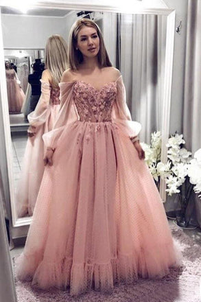 Princess Ball Gown Blush Pink Lace Prom Dresses With Long Sleeves INK55