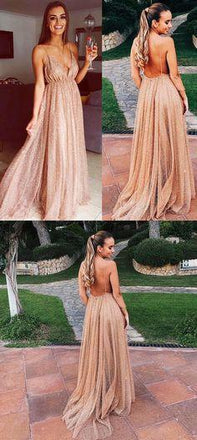 Sexy Sparkly Sequins Spaghetti Strap Prom Dresses V Neck Formal Evening Dress INH50