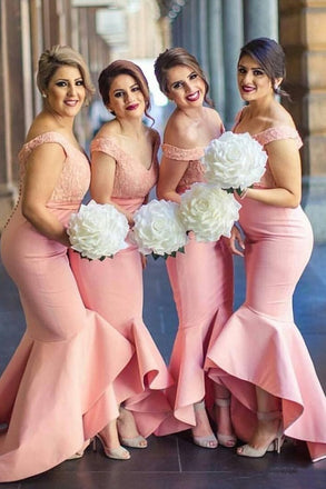 Elegant Baby Pink Mermaid Off the shoulder Ruffles Lace Top Bridesmaid Dresses IND64
