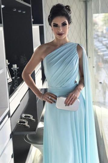 Light Blue One Shoulder Chiffon Formal Prom Gown, Simple Bridesmaid Dresses INI35