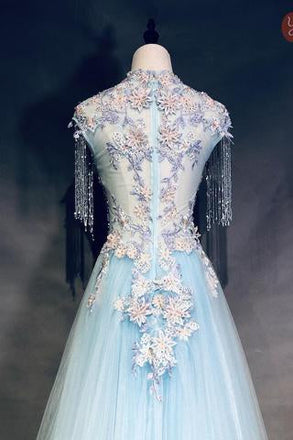 Light Blue Cap Sleeves Prom Dress with Beading, Formal Evening Dress INN42