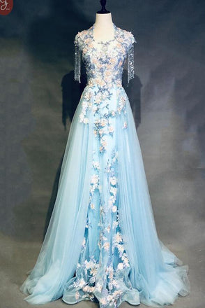 Light Blue Cap Sleeves Prom Dress with Beading, Formal Evening Dress INN42