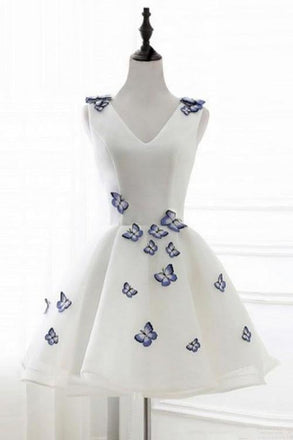 V-Neck Ivory Short Chic Butterfly Ivory A Line Short Homecoming Dress INA62