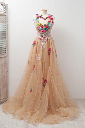A-line Sleeveless Open Back Appliques Tulle Long Prom Dress Flowers INE81