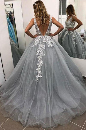 Gray V Neck Long Prom Dress for Teens, Puffy Appliqued Ball Gown with Beading INH75