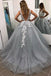 Gray V Neck Long Prom Dress for Teens, Puffy Appliqued Ball Gown with Beading INH75