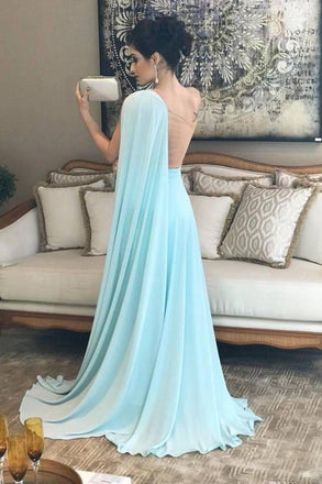 Light Blue One Shoulder Chiffon Formal Prom Gown, Simple Bridesmaid Dresses INI35