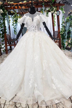 Elegant Ball Gown Big Wedding Dresses, Appliques Bridal Dress with Short Sleeves INN73