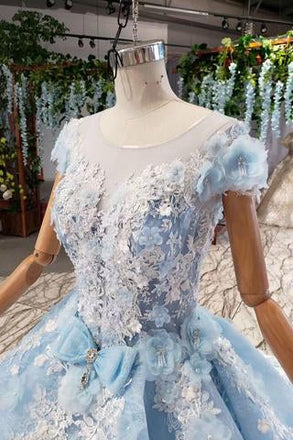 Princess Light Sky Blue Prom Dress with Flowers, Ball Gown Quinceanera Dress INP50