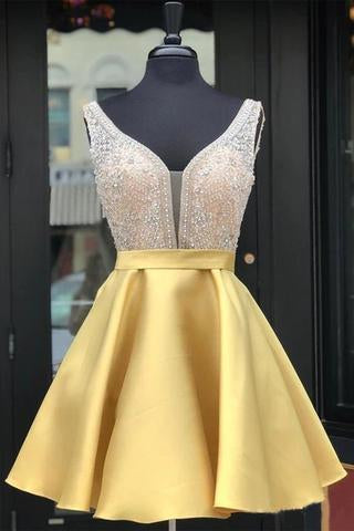 A Line V Neck Sleeveless Homecoming Dress, Beading Satin Short Prom Dresses INN41