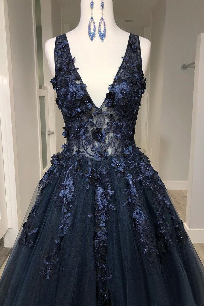 Deep V Neck Appliqued Prom Dress See Through Floor Length Formal Dresses INS4