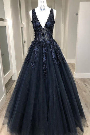 Deep V Neck Appliqued Prom Dress See Through Floor Length Formal Dresses INS4