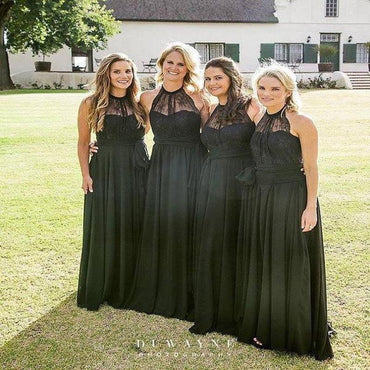 Pretty Black Chiffon Lace A Line Long Halter Bridesmaid Dresses ING50