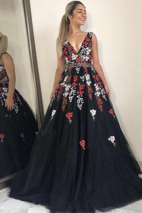 Charming V-Neck Black Floral Appliques Beading Sleeveless Long Prom Dress INI40