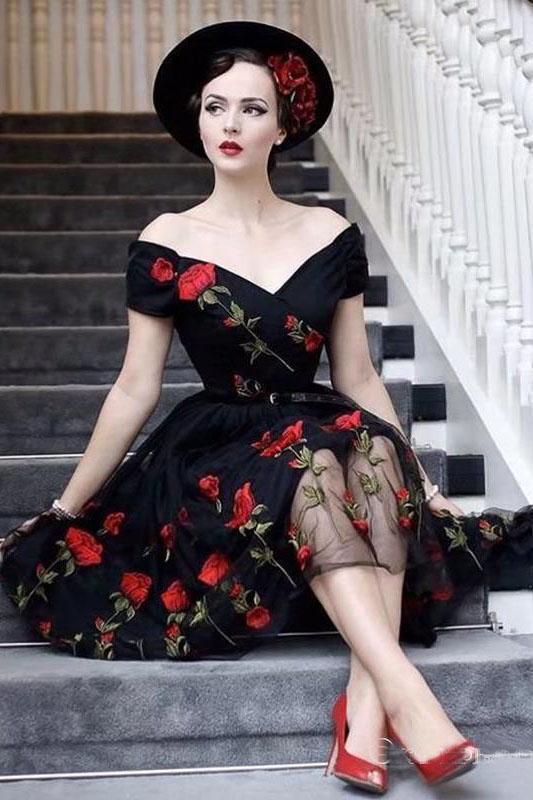 Charming Off the Shoulder Tulle Black Homecoming Dresses with Flowers INO45