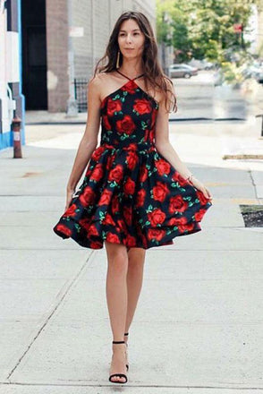 A-Line Cross V-Neck Above Knee Floral Satin Homecoming Dresses INO44