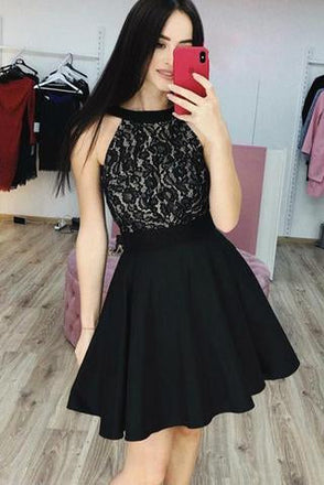 Black Lace Cheap Homecoming Dresses, A Line Sleeveless Short Prom Dress INM36
