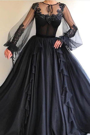 Black Long A-line Tulle Prom Dress, Long Sleeves Modest Evening Gown ING82