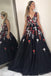 Charming V-Neck Black Floral Appliques Beading Sleeveless Long Prom Dress INI40