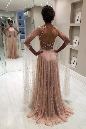 Blush Pink A Line Backless Long Prom Dresses with Pearls INN79