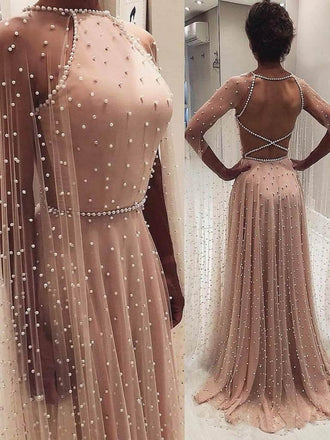 Blush Pink A Line Backless Long Prom Dresses with Pearls INN79